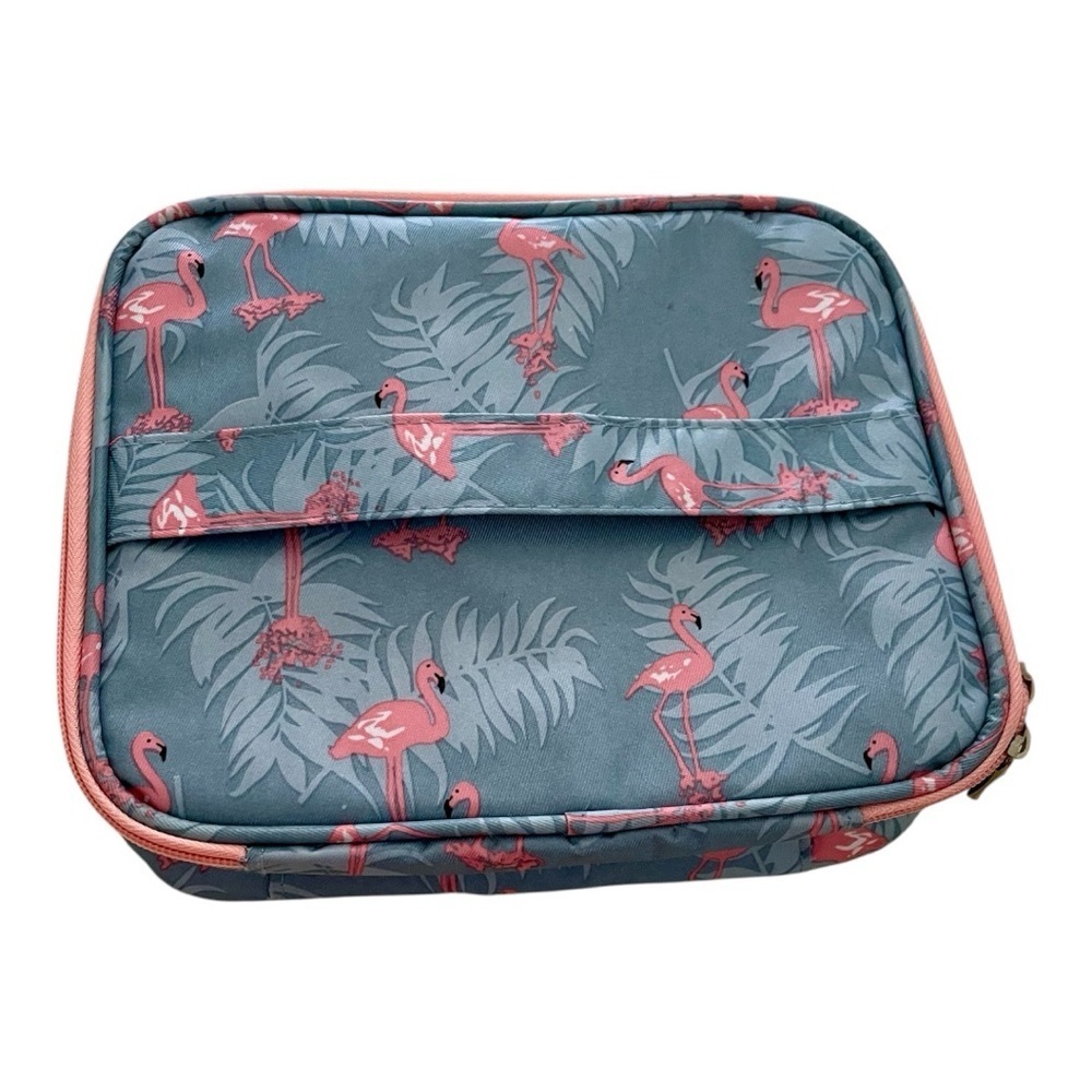 Flamingo Lunch Makeup Box, Blue & Pink, Plastic Lining Dividers Web Pocket, NWOT